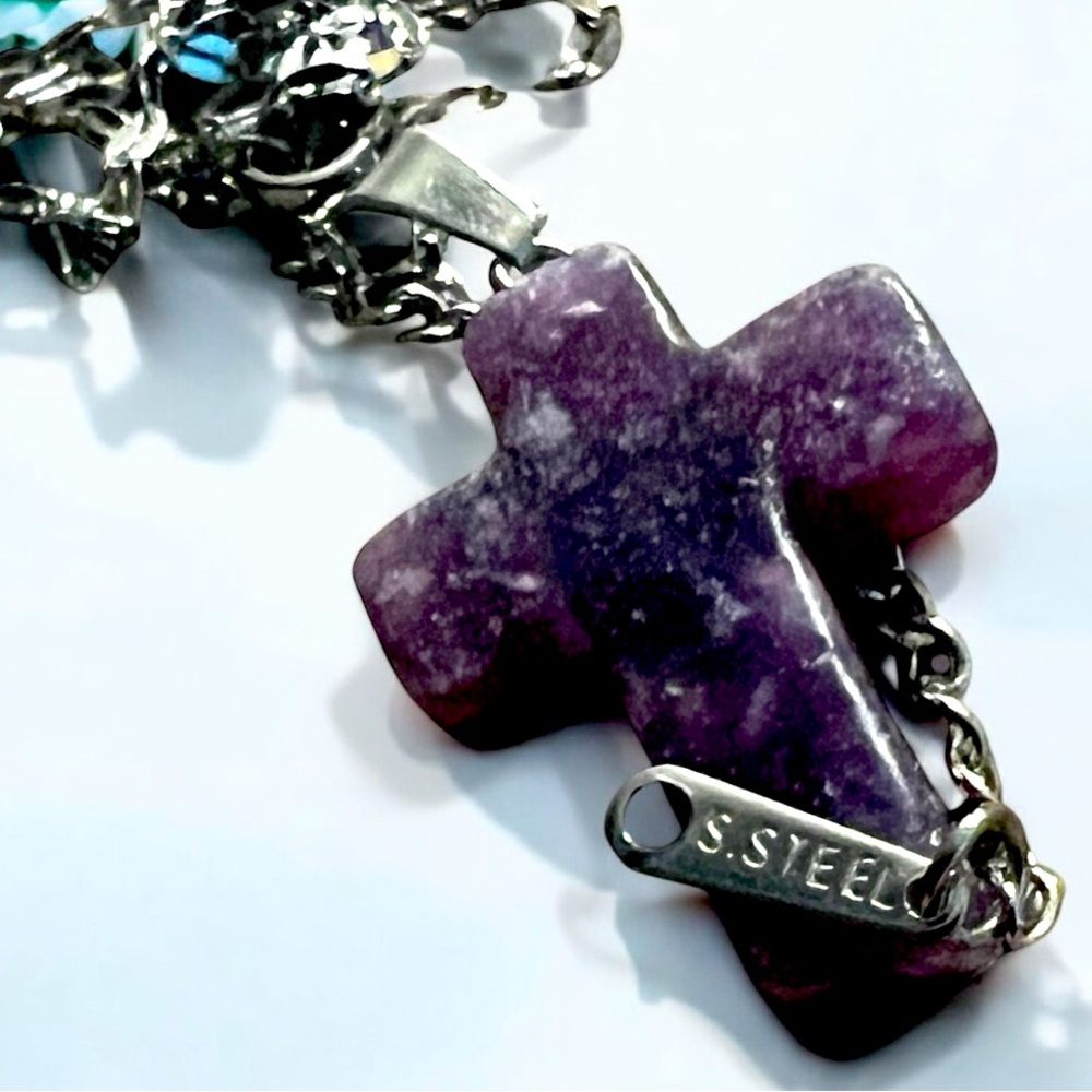 Amethyst Cross Pendant on Stainless Steel Chain - Picture 4 of 6